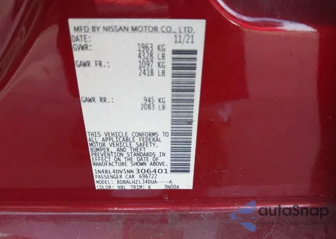 2022 Nissan Altima Sv Fwd from USA, damaged, VIN 1N4BL4DV5NN306401